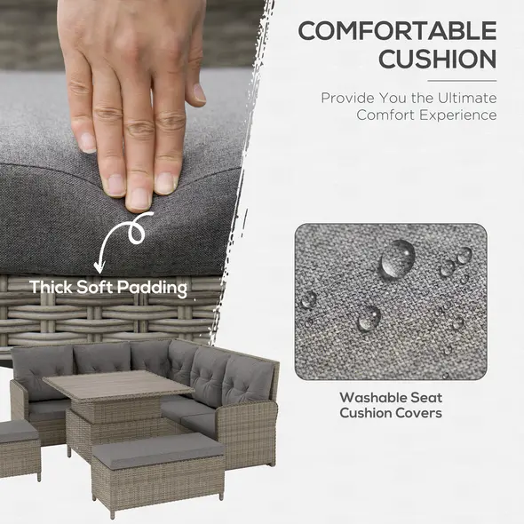 Outsunny 6 Pieces Outdoor PE Rattan Garden Furniture, Patio Wicker Sectional Conversation Corner Sofa w/ Soft Padded Cushion & Liftable Coffee Table, Light Grey - 4