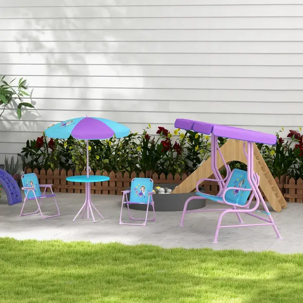 Outsunny 4PCs Kids Garden Furniture Set w/ 2 Seater Garden Swing Chair with Adjustable Canopy, Childrens Table and Chair Set with Parasol, for Toddler Girls 3-6 Years Old - 2