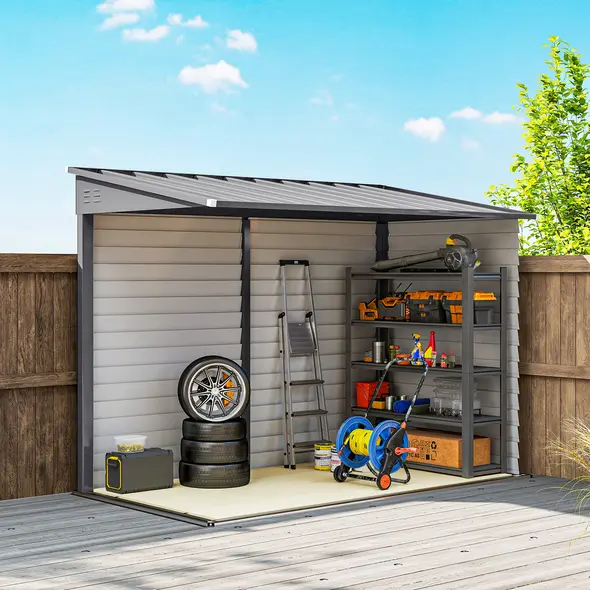 Outsunny 5 x 9ft Galvanised Metal Garden Shed with Foundation Kit, Outdoor Lean-to Shed, Tool Storage House with Lockable Doors, Gloves and 2 Air Vents for Patio, Garden, Grey - 9