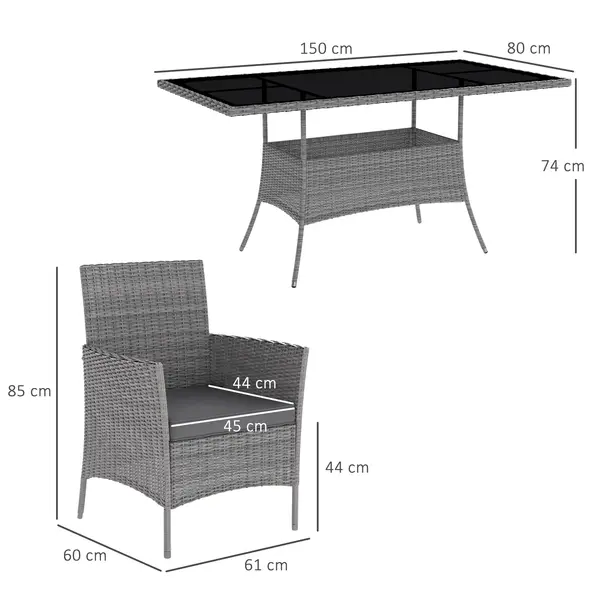 Outsunny 7-Piece Rattan Garden Furniture Set with Cushions, 6 Seater Garden Table and Chairs, Rattan Dining Set with 6 Armchairs, Rectangular Glass Top Table, Charcoal Grey - 3