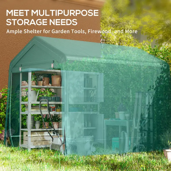 Outsunny 8 x 6.5 ft Outdoor Garden Storage Shed, Waterproof Bike Tent with Double Roll-up Zipper Door for Garden Tools, Green - 7