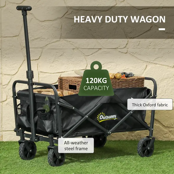 Outsunny 62L Festival Trolley on Wheels, Garden Folding Trolley Cart, 120kg Heavy Duty Collapsible Folding Wagon with Adjustable Handle and Carrying Bag for Beach, Camping, Festival, Black - 5