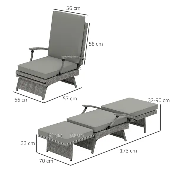 Outsunny 80° Reclining Rattan Lounger - Grey - 3