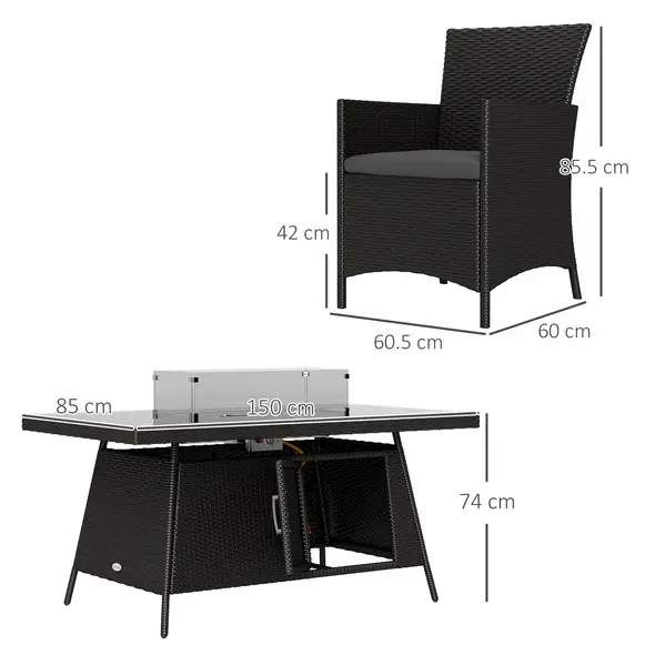 Outsunny 7 Pieces Outdoor Rattan Garden Furniture with Fire Pit Table, 6 Seater Garden Table and Chairs with Cushions, Rattan Dining Set with Propane Heater Table, Windscreen, 50,000 BTU, Black - 3