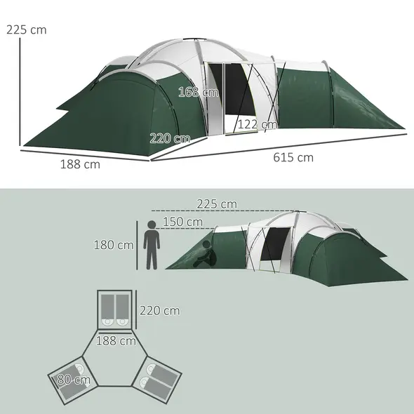 Outsunny 6-9 Man Tent with Bedrooms and Living Room, Accessories Included, Green - 3