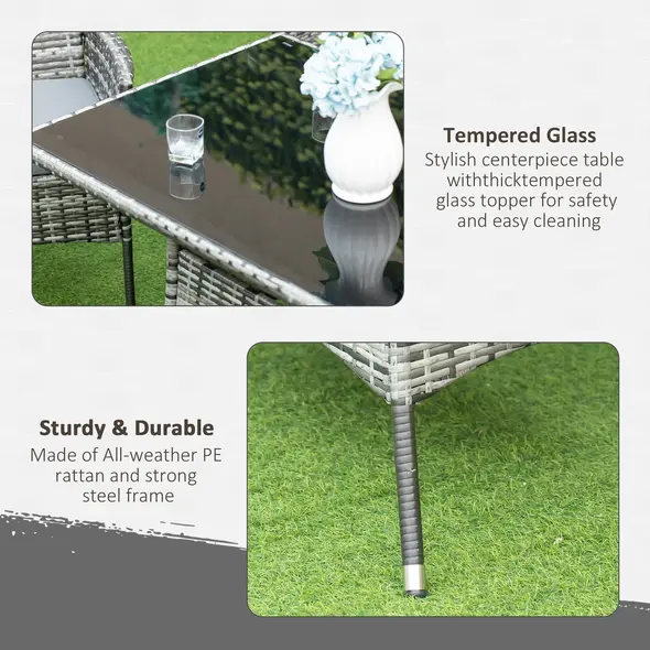 Outsunny 7-Piece Rattan Garden Furniture Set with Cushions, 6 Seater Garden Table and Chairs, Rattan Dining Set with 6 Armchairs, Rectangular Glass Top Table, Grey - 7