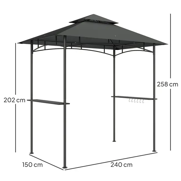 Outsunny 8' x 5' Grill Gazebo, Double Tiered BBQ Gazebo Shelter Canopy with LED Lights, 2 Side Shelves, Hooks, Dark Grey - 3