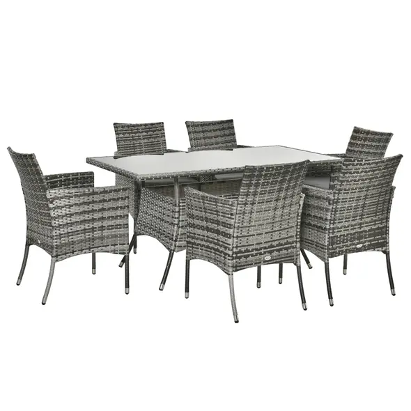 Outsunny 7-Piece Rattan Garden Furniture Set with Cushions, 6 Seater Garden Table and Chairs, Rattan Dining Set with 6 Armchairs, Rectangular Glass Top Table, Grey - 1