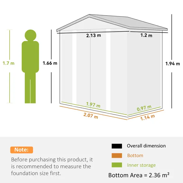 Outsunny 7 x 4ft Garden Shed, Easy to Assemble, Upgraded Galvanised Steel Frame with Foundation Kit, Double Doors with Lock, Outdoor Metal Shed with Vents and Gloves, Garden Storage Shed, Light Grey - 3