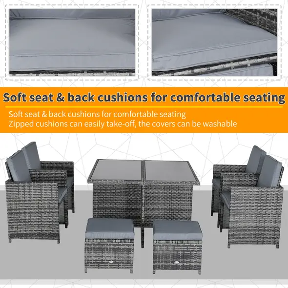 Outsunny 8-Seater Rattan Dining Set Garden Furniture Cushion Seat Woven Rattan Grey - 7