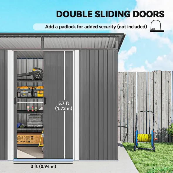Outsunny 9ft x 6.5ft Garden Storage Shed with Top Window, Metal Outdoor Shed Tool House with Double Doors, Light Grey - 5