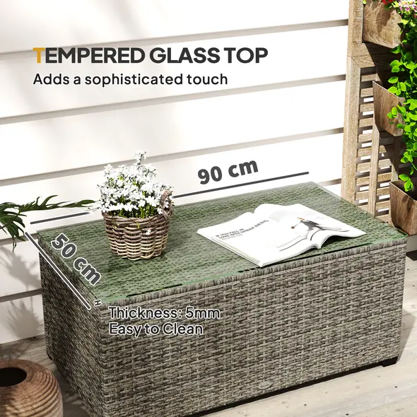 Outsunny 90 x 50cm Glass-Top Rattan Side Table - Dark Grey - 5