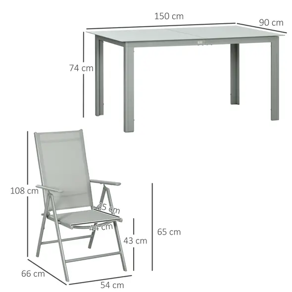 Outsunny 7 Piece Garden Dining Set, Outdoor Table and 6 Folding and Reclining Chairs, Aluminium Frame, Tempered Glass Top Table, Texteline Seats, Grey - 3
