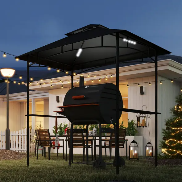 Outsunny 8' x 5' Grill Gazebo, Double Tiered BBQ Gazebo Shelter Canopy with LED Lights, 2 Side Shelves, Hooks, Dark Grey - 8