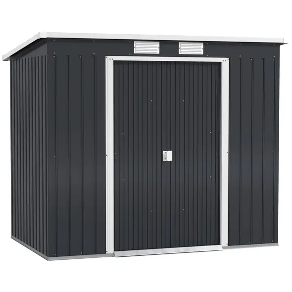 Outsunny 7 x 4ft Galvanised Steel Garden Shed, with Foundation Kit - Dark Grey - 1
