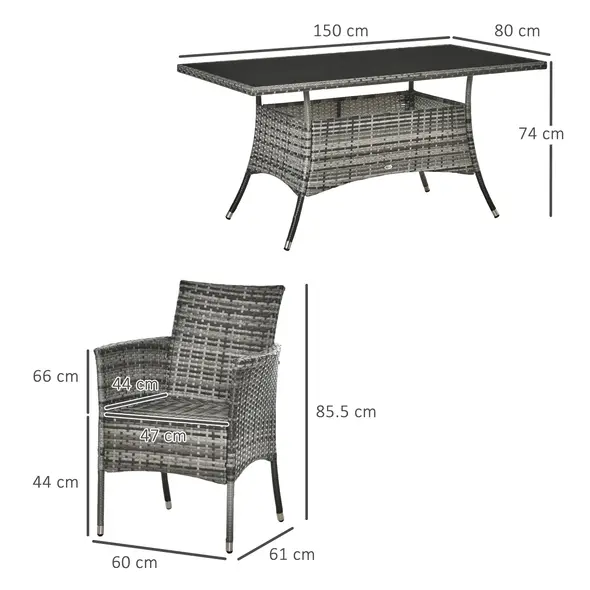 Outsunny 7-Piece Rattan Garden Furniture Set with Cushions, 6 Seater Garden Table and Chairs, Rattan Dining Set with 6 Armchairs, Rectangular Glass Top Table, Grey - 3