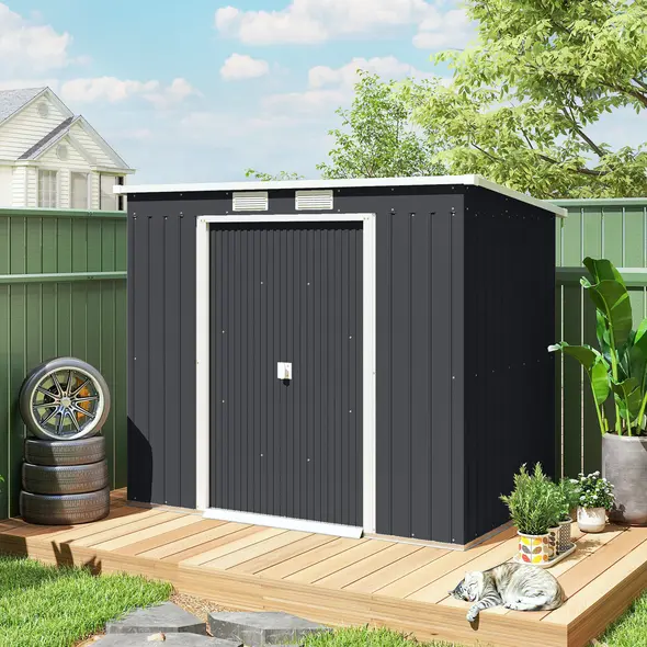 Outsunny 7 x 4ft Galvanised Steel Garden Shed, with Foundation Kit - Dark Grey - 9