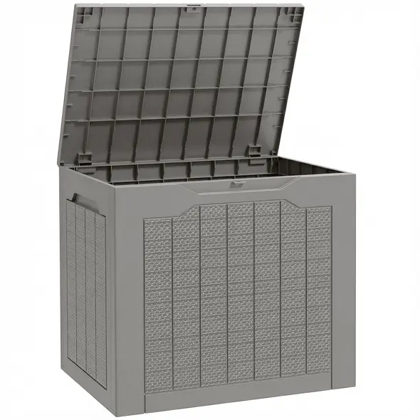 Outsunny 93L Plastic Garden Storage Box, Outdoor Storage Box with Handles, Waterproof Outdoor Storage Container, Khaki - 1