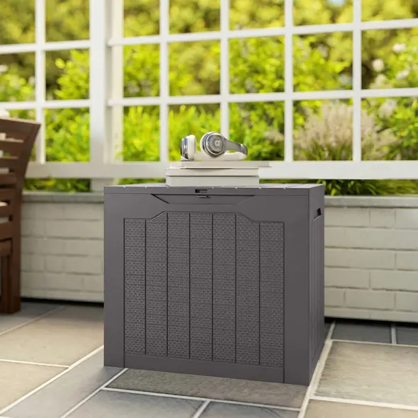 Outsunny 93L Plastic Garden Storage Box, Outdoor Storage Box with Handles, Waterproof Outdoor Storage Container, Brown - 9