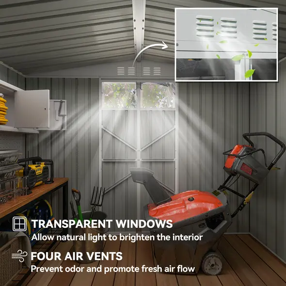 Outsunny 8 x 4 ft Metal Garden Shed, Garden Storage Shed with Window, 4 Vents and Lockable Door, Waterproof Galvanised Steel Tool Storage Shed, Light Grey - 4