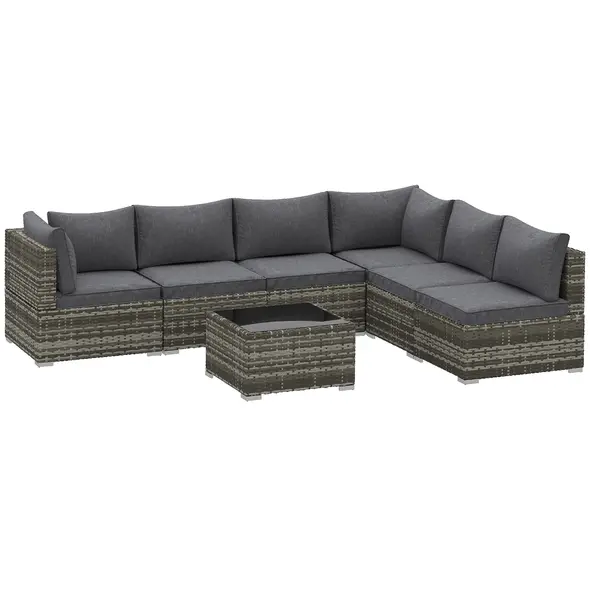 Outsunny 7 Pieces Outdoor PE Rattan Corner Sofa Set, Patio Wicker Conversation Chaise Lounge Furniture w/ Tempered Glass Table-top & Soft Padded Cushion for Garden, Backyard, Lawn, Dark Grey - 1
