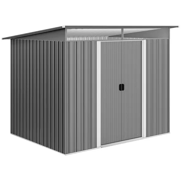 Outsunny 9ft x 6.5ft Garden Storage Shed with Top Window, Metal Outdoor Shed Tool House with Double Doors, Light Grey - 1