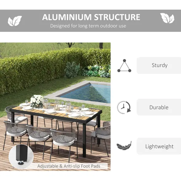 Outsunny Aluminium Outdoor Garden Dining Table for 8 People, Faux Wood Top, for Garden, Patio, 190 x 90 x 74 cm, Natural - 5