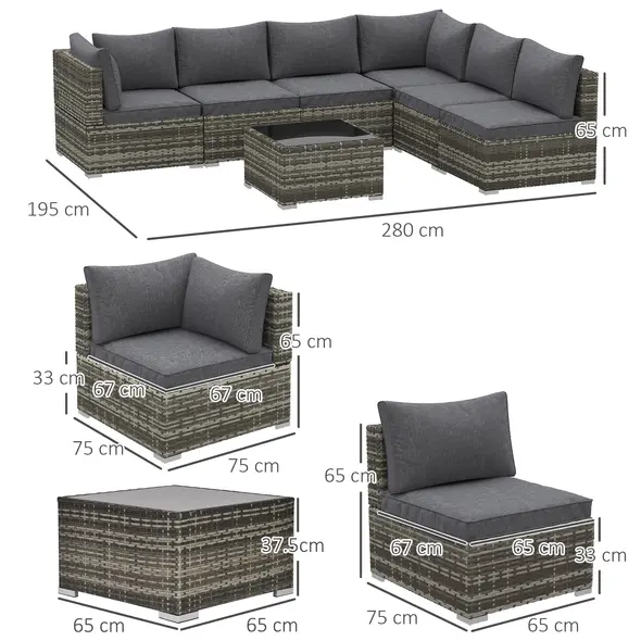 Outsunny 7 Pieces Outdoor PE Rattan Corner Sofa Set, Patio Wicker Conversation Chaise Lounge Furniture w/ Tempered Glass Table-top & Soft Padded Cushion for Garden, Backyard, Lawn, Dark Grey - 3