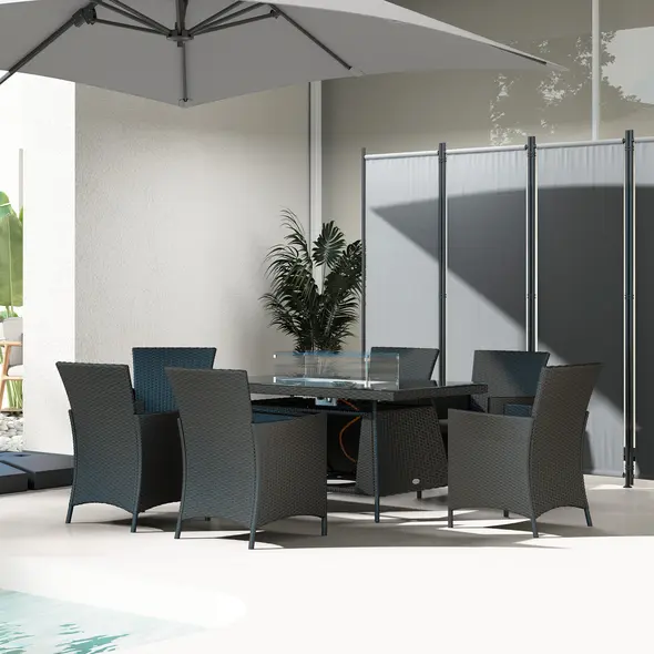 Outsunny 7 Pieces Outdoor Rattan Garden Furniture with Fire Pit Table, 6 Seater Garden Table and Chairs with Cushions, Rattan Dining Set with Propane Heater Table, Windscreen, 50,000 BTU, Black - 8
