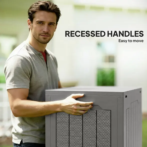 Outsunny 93L Plastic Garden Storage Box, Outdoor Storage Box with Handles, Waterproof Outdoor Storage Container, Khaki - 5