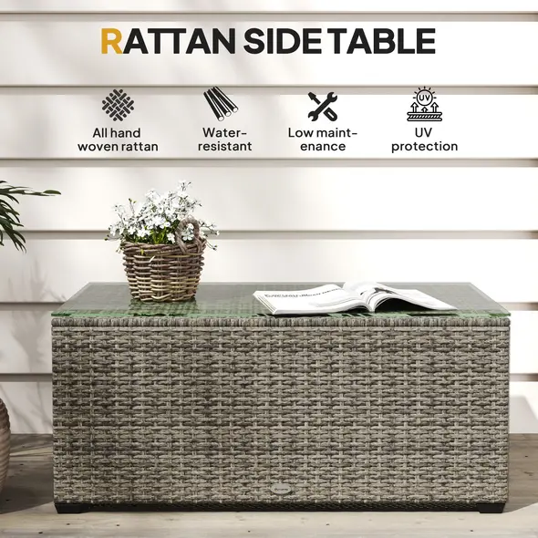 Outsunny 90 x 50cm Glass-Top Rattan Side Table - Dark Grey - 4