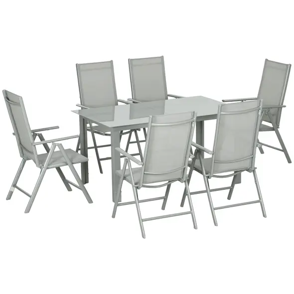 Outsunny 7 Piece Garden Dining Set, Outdoor Table and 6 Folding and Reclining Chairs, Aluminium Frame, Tempered Glass Top Table, Texteline Seats, Grey - 1
