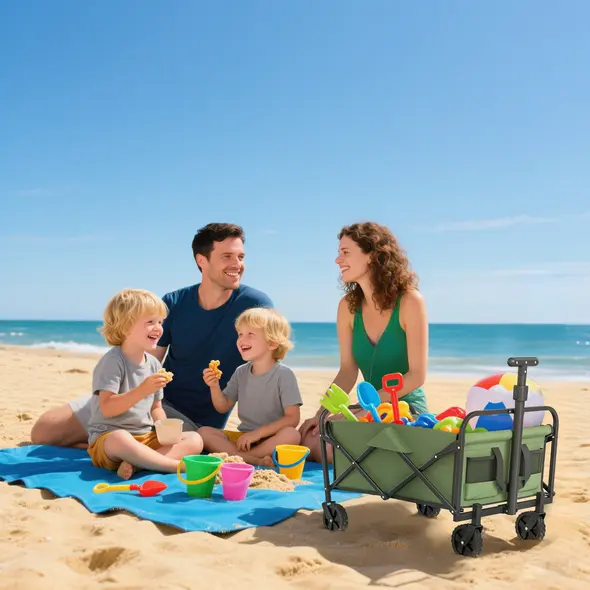 Outsunny 62L Festival Trolley on Wheels, Garden Folding Trolley Cart, 120kg Heavy Duty Collapsible Folding Wagon with Adjustable Handle and Carrying Bag for Beach, Camping, Festival, Green - 9