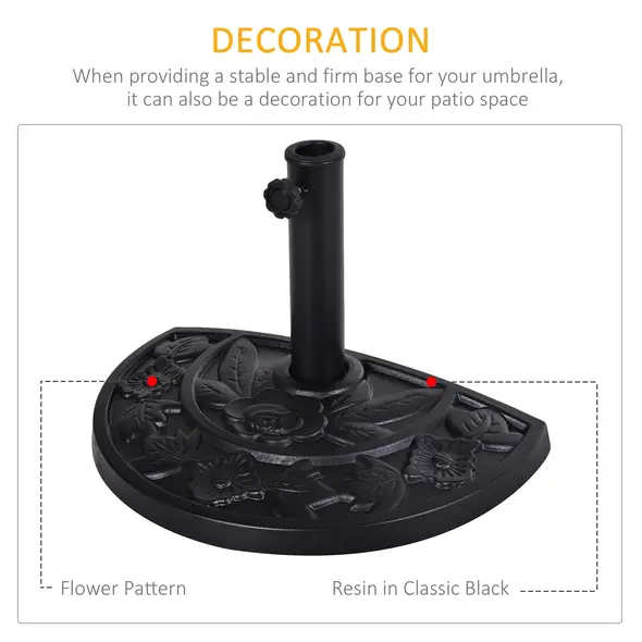 Outsunny 9kg Resin Parasol Base, Half Round Umbrella Stand with Floral Design for Garden, Outdoor, Suitable Umbrella Rod: Φ3.8cm, Φ4.8cm, Black - 4