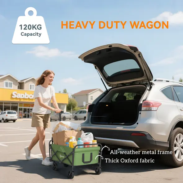 Outsunny 62L Festival Trolley on Wheels, Garden Folding Trolley Cart, 120kg Heavy Duty Collapsible Folding Wagon with Adjustable Handle and Carrying Bag for Beach, Camping, Festival, Green - 5