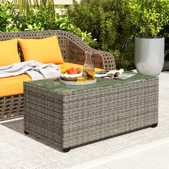 Outsunny 90 x 50cm Glass-Top Rattan Side Table - Dark Grey - 2