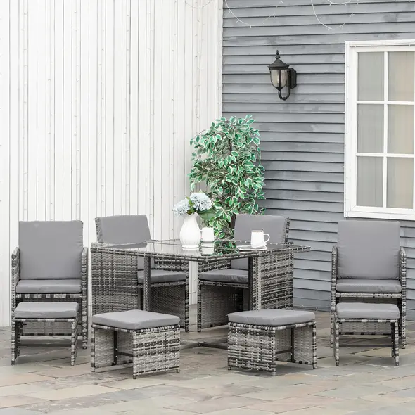 Outsunny 8-Seater Rattan Furniture Set Wicker Weave Patio Dining Table Seat - 1