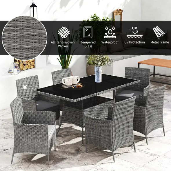 Outsunny 7-Piece Rattan Garden Furniture Set with Cushions, 6 Seater Garden Table and Chairs, Rattan Dining Set with 6 Armchairs, Rectangular Glass Top Table, Charcoal Grey - 4