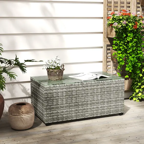 Outsunny 90 x 50cm Glass-Top Rattan Side Table - Light Grey - 9