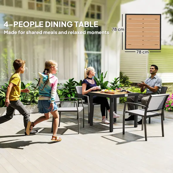 Outsunny 78 cm Garden Dining Table for 4 People, Square Outdoor Coffee End Side Table with Aluminium Legs, Natural Wood Finish - 8