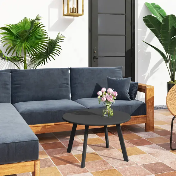 Outsunny 70cm Round Coffee Table, Outdoor Garden Table with Non-Slip Foot Pads and Metal Frame for Garden, Terrace, Balcony, Living Room, Black - 2