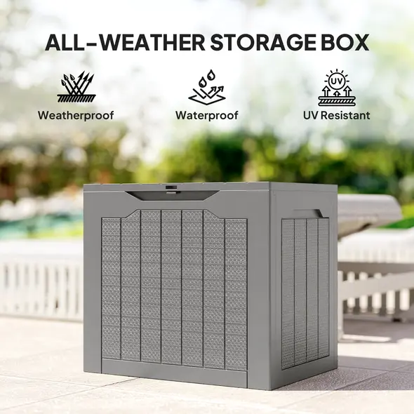 Outsunny 93L Plastic Garden Storage Box, Outdoor Storage Box with Handles, Waterproof Outdoor Storage Container, Khaki - 7