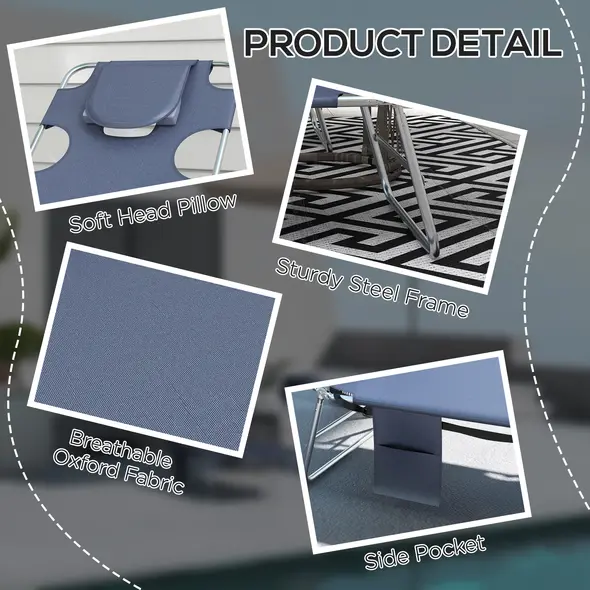 Outsunny Foldable Sun Lounger Set of 2 with Reading Hole, Portable Sun Lounger with 5 Level Adjustable Backrest, Reclining Lounge Chair with Side Pocket, Headrest Pillow, Grey - 7