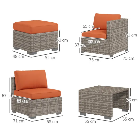 Outsunny Eight-Piece Rattan Garden Set, with Contrast Cushions - Orange/Grey - 3