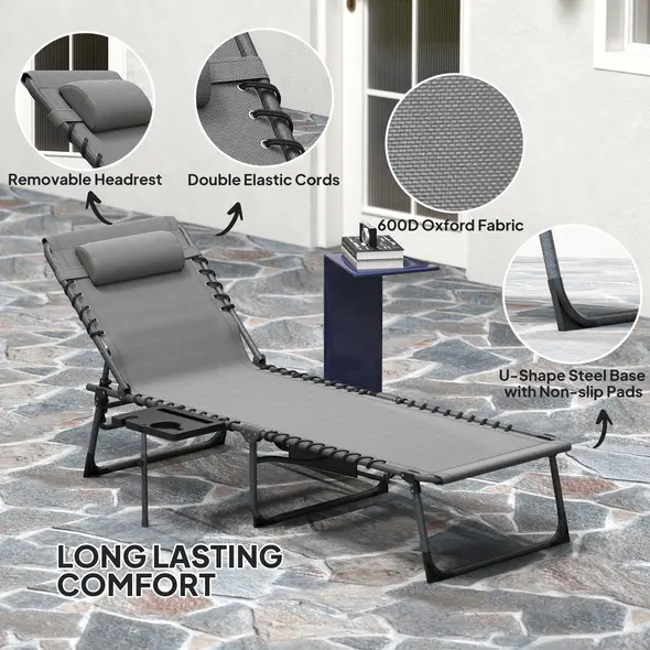Outsunny Five-Position Reclining Sun Lounger - Grey - 5