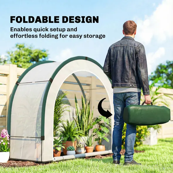 Outsunny Foldable Small Greenhouse, Portable Green House Mini Greenhouse with Zipper Door, PE Base, 200 x 80 x 164 cm, Green - 4