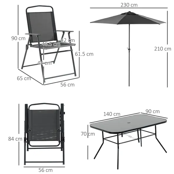 Outsunny Eight-Piece Garden Dining Set, with Chairs, Table and Parasol - Black - 3