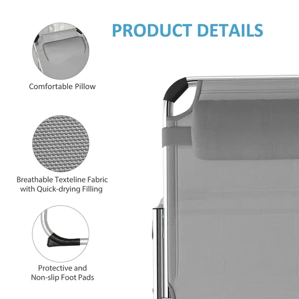 Outsunny Foldable Outdoor Sun Lounger Set of 2, Reclining Lounge Chair Camping Bed Cot with Pillow 4-Level Adjustable Back Aluminium Frame, Light Grey - 6