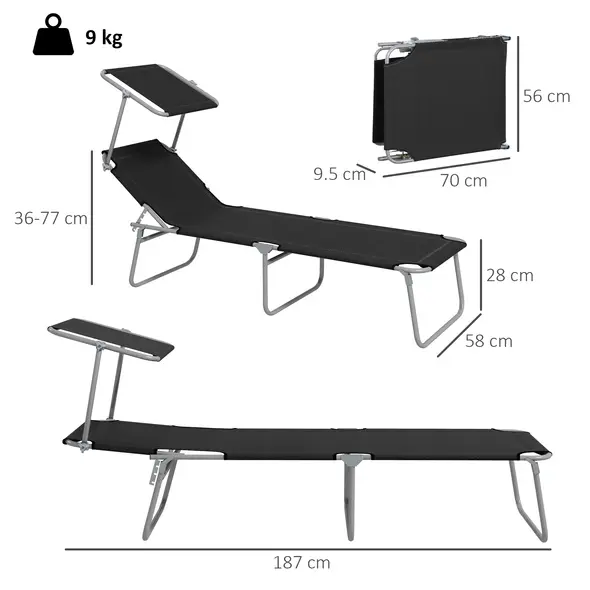 Outsunny Foldable Sun Lounger Set of 2 with Sun Shade & Adjustable Backrest - Black - 3