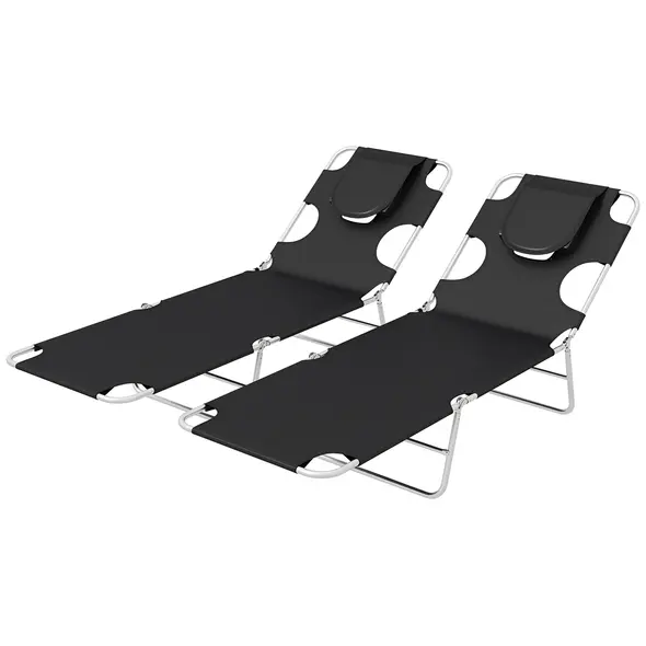 Outsunny Foldable Sun Lounger Set of 2, Beach Chaise Lounges with Reading Hole, Arm Slots, 5-Position Adjustable Backrest, Side Pocket, Pillow for Patio, Garden, Beach, Pool, Black - 1